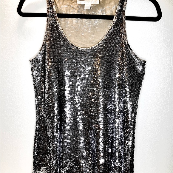 Boston Proper Tops - SILVER SEQUIN TANK TOP SLEEVELESS TOP  TRIMMED LONG SILVER GLASS TUBE BEADS 6